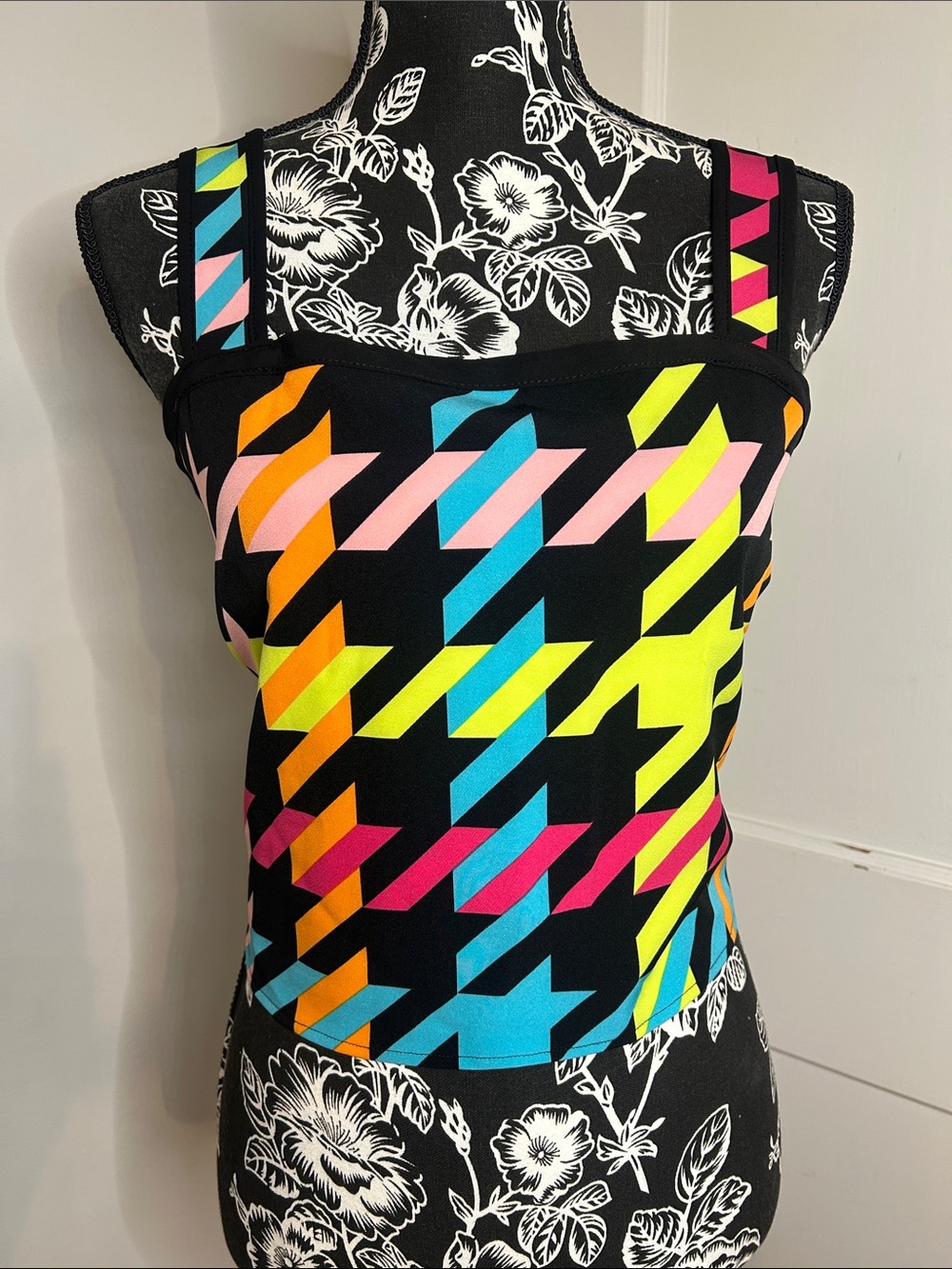 New York & Company Black Multicolor Neon Houndstooth Tank Top Women Large L